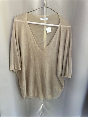 Gigi Moda Lightweight V-Neck Knit Top in Beige silver metallic thread one size